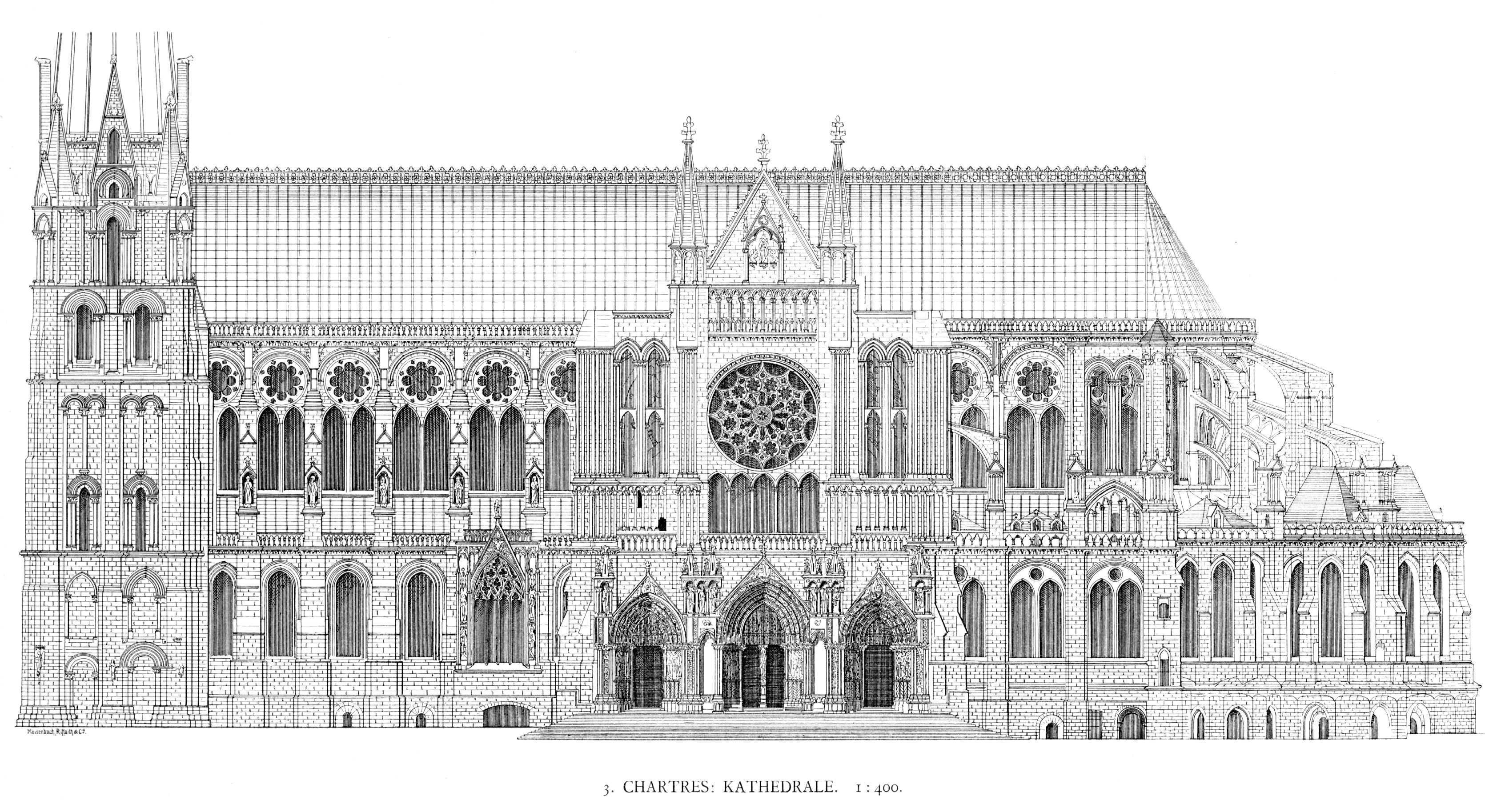 Katedrála Chartres - pohled na kresbu katedrály směrem od jihu od G.G. Dehia